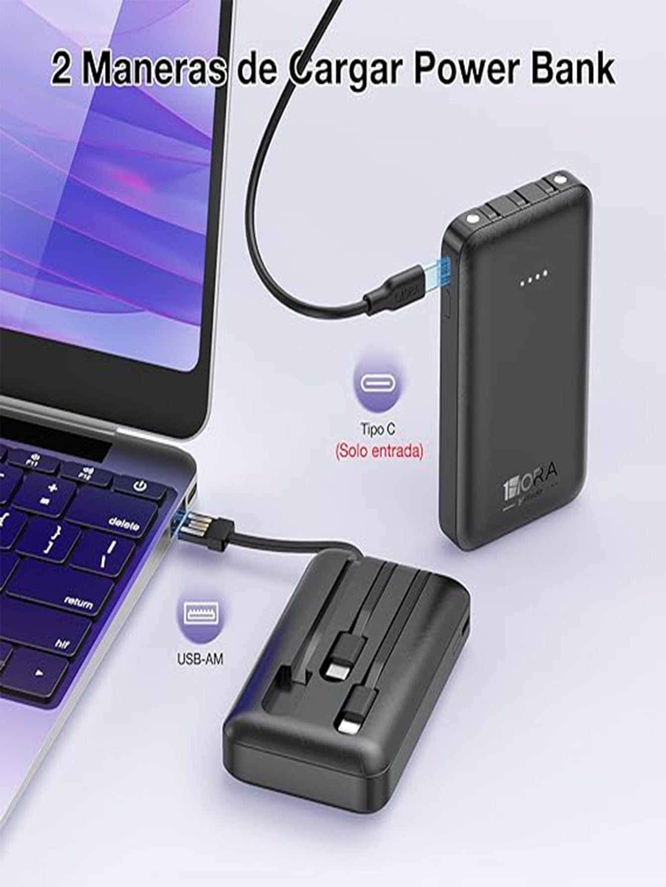 1HORA Power bank 5000mAh Cargador portátil Batería Portátil 3 En 1 Batería recargable mini 2 Luz LED GAR261
