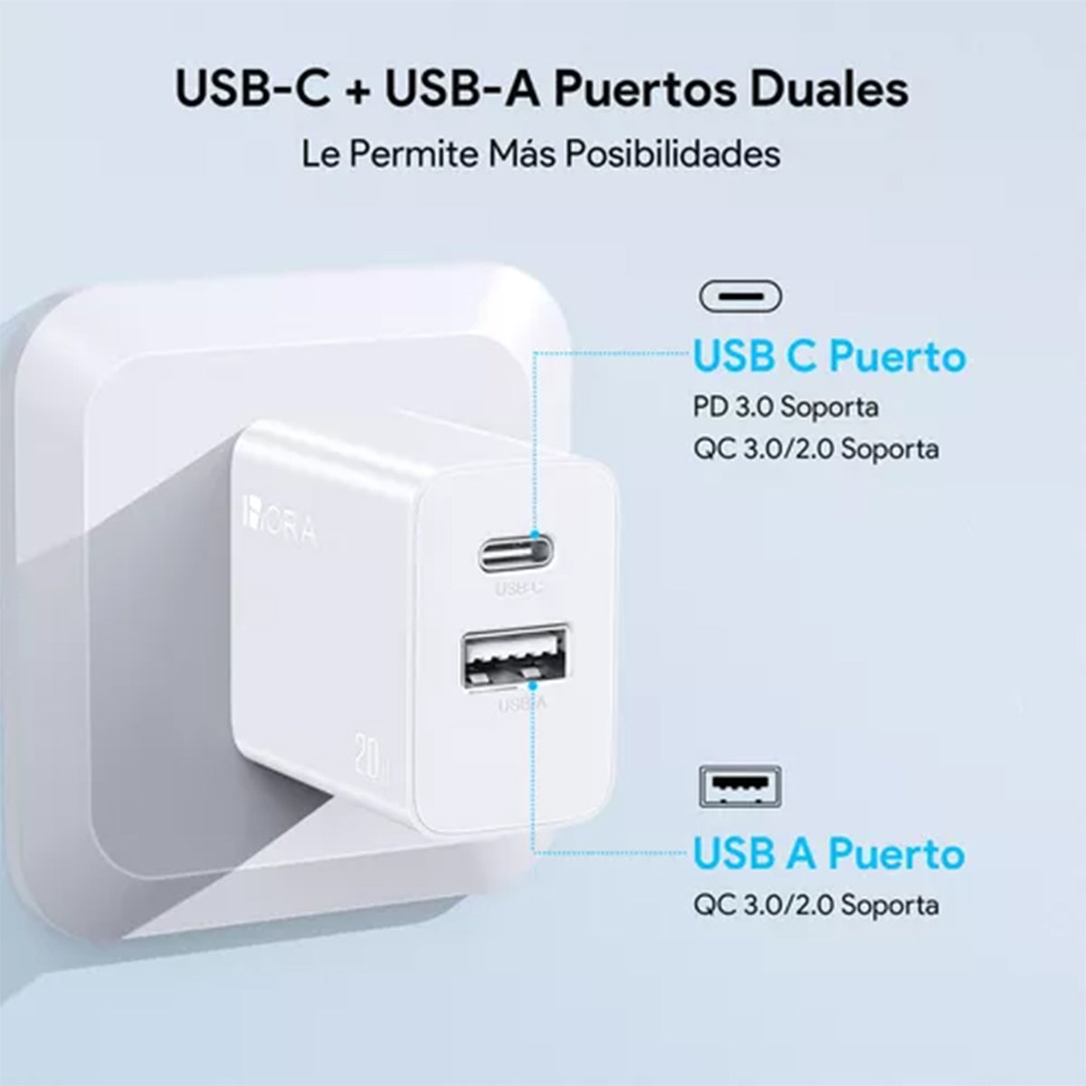 1 HORA Cargador 2 En 1 Carga Rápida 20w Salida Dual + Cable Tipo C GAR162