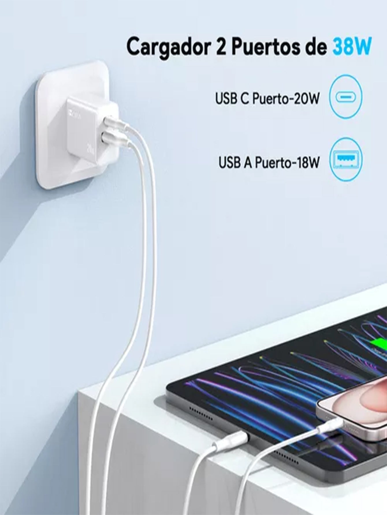 1 HORA Cargador 2 En 1 Carga Rápida 20w Salida Dual + Cable Tipo C GAR162