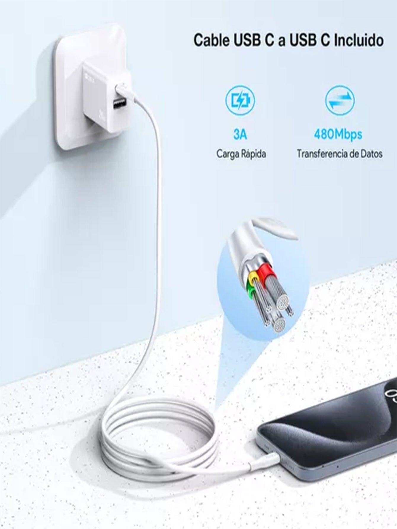 1 HORA Cargador 2 En 1 Carga Rápida 20w Salida Dual + Cable Tipo C GAR162