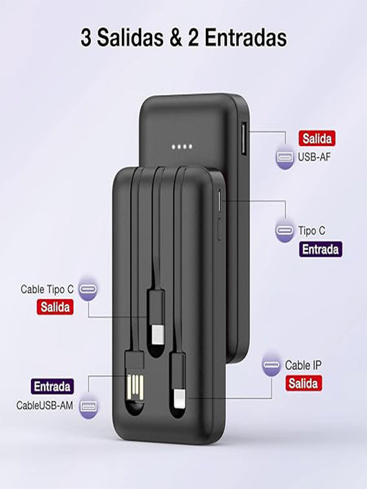 1HORA Power bank 5000mAh Cargador portátil Batería Portátil 3 En 1 Batería recargable mini 2 Luz LED GAR261