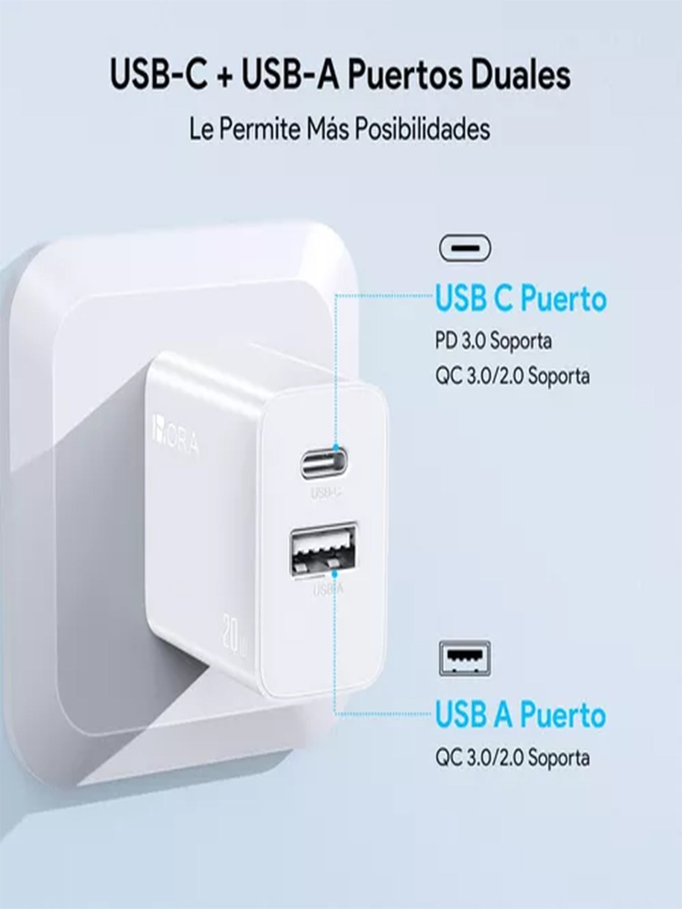 1 HORA Cargador Carga Rápida Salida Dual Usb+c 20w 1hora GAR161