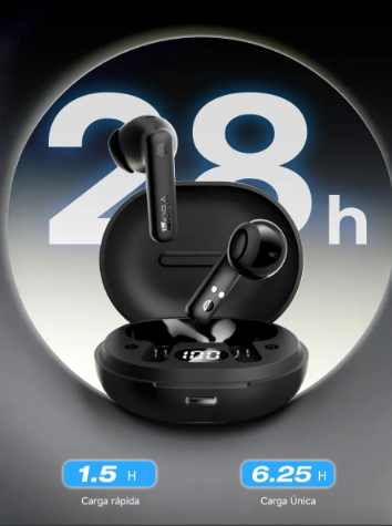 1HORA Inalámbricos Bluetooth 6.0, Auriculares In Ear con Doble Micrófono para Llamadas Claras, Manos Libres, 28H de Reproducción Negro AUT217